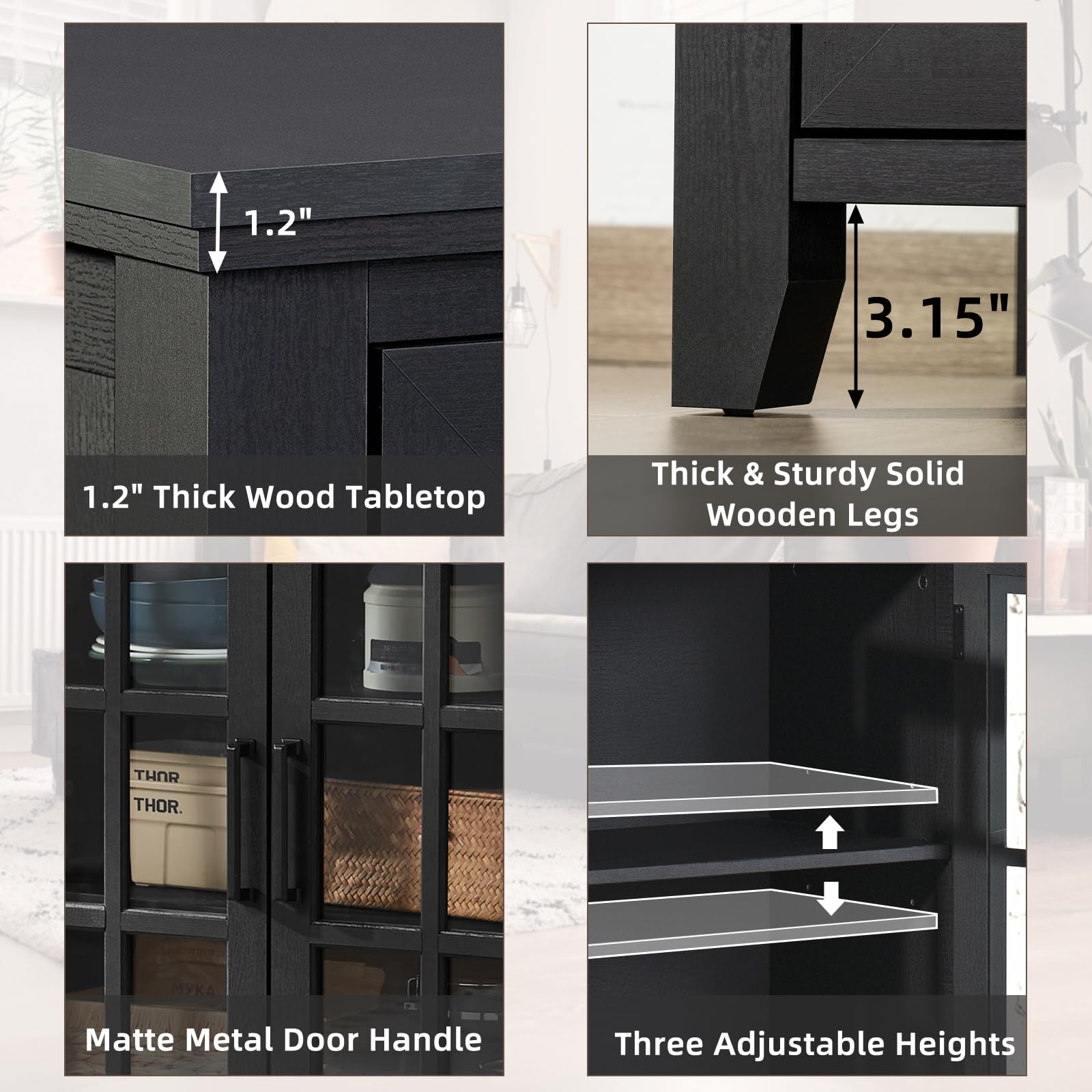 Sideboard cabinet features: thick wood top, wooden legs, metal handles, adjustable shelves
