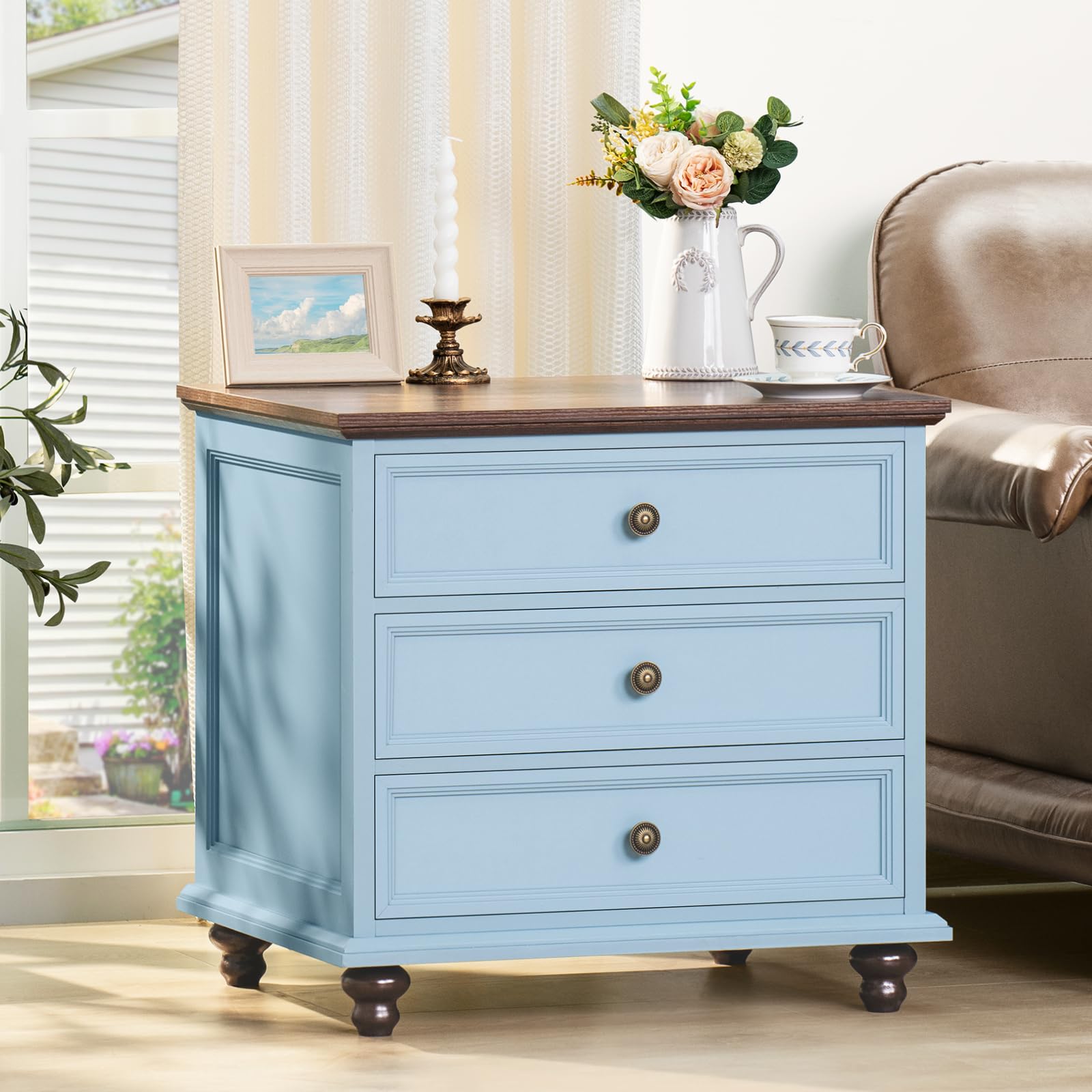 Farmhouse nightstand with 3 drawers and round metal knobs, light blue finish