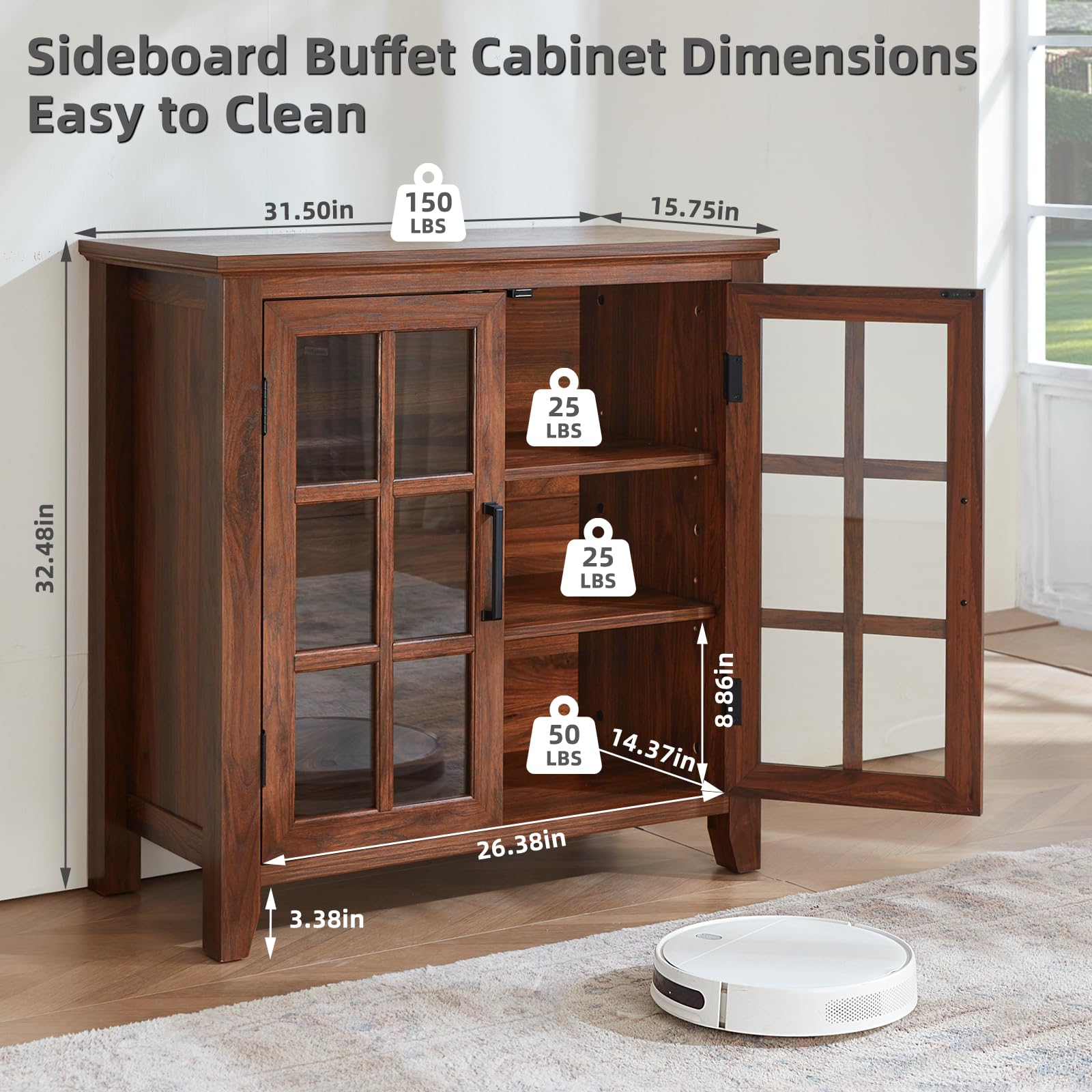Brown sideboard buffet cabinet with two glass doors, open shelves, and wooden legs