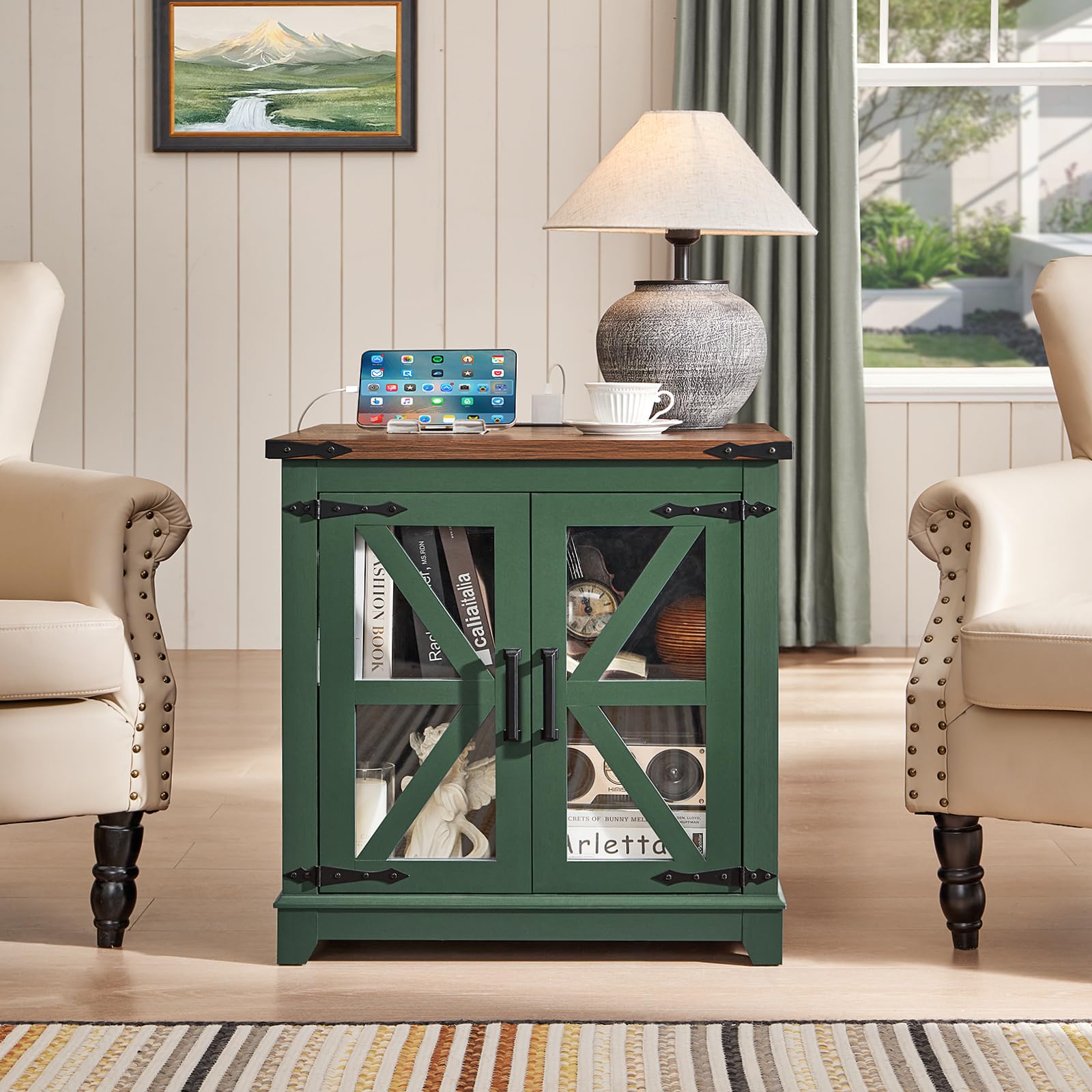 Brown farmhouse end table with glass barn-style doors, open shelving, and black top