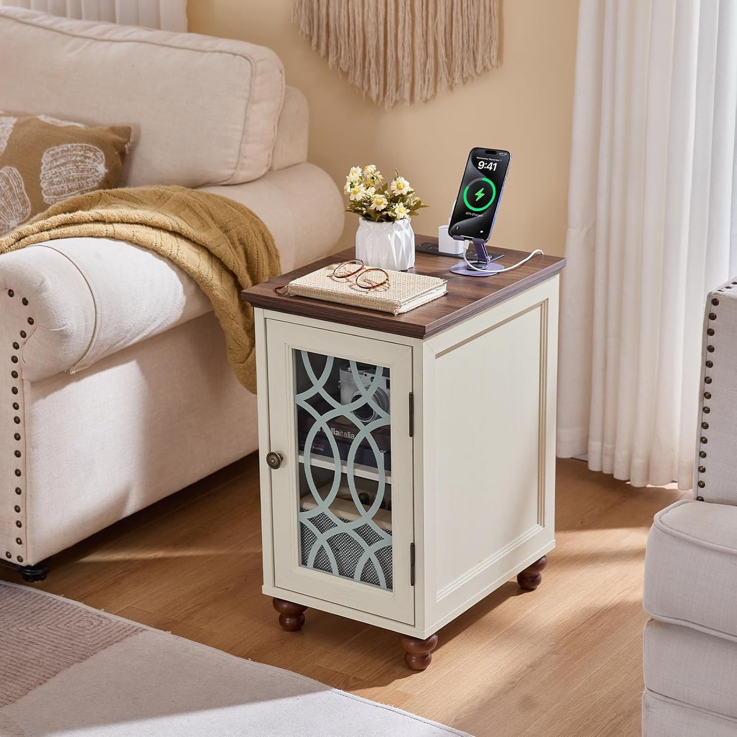 Narrow Side Table with Charging Station, Night Stand with Glass Door, Bedside End Tables with Adjustable Shelf Storage Cabinet,Wood Nightstand for Small Spaces Living Room Bedroom