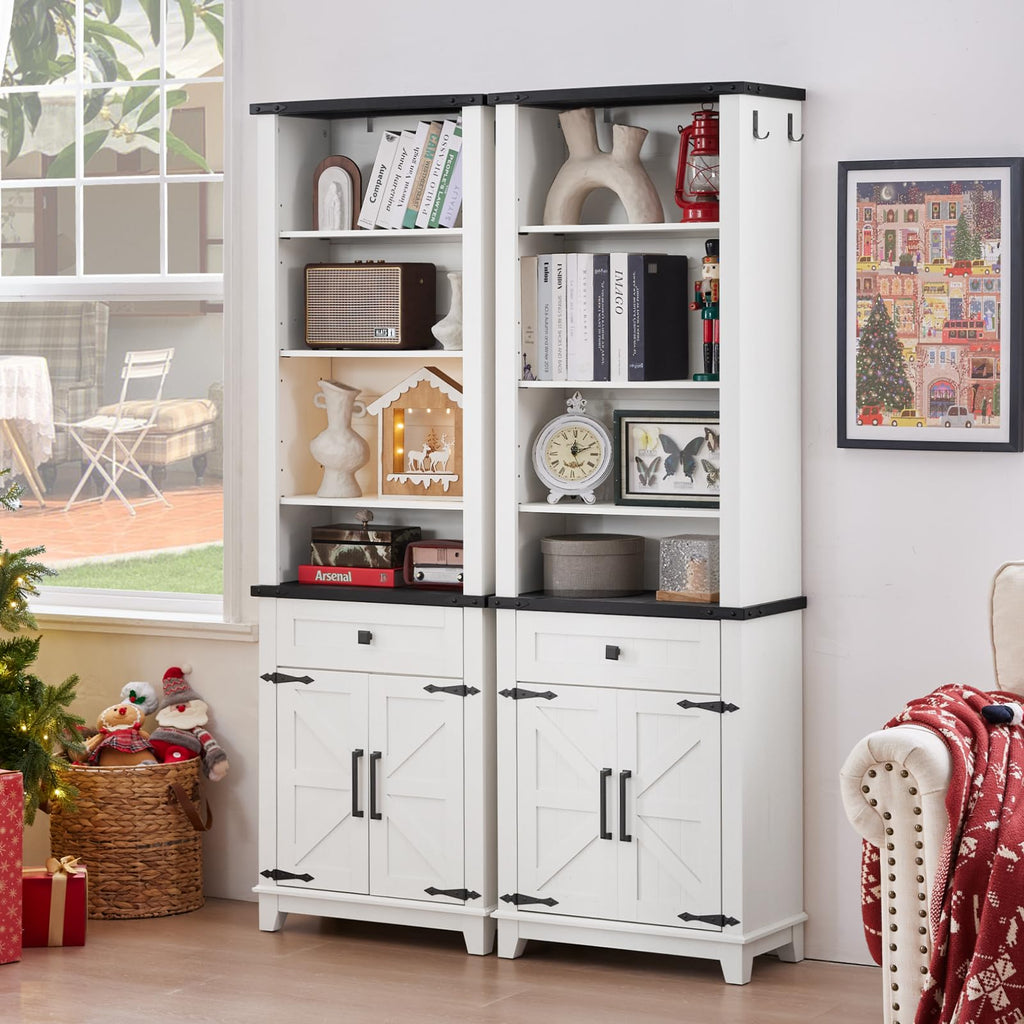 White bookcase with open shelves and cubby cabinet doors, includes two drawers
