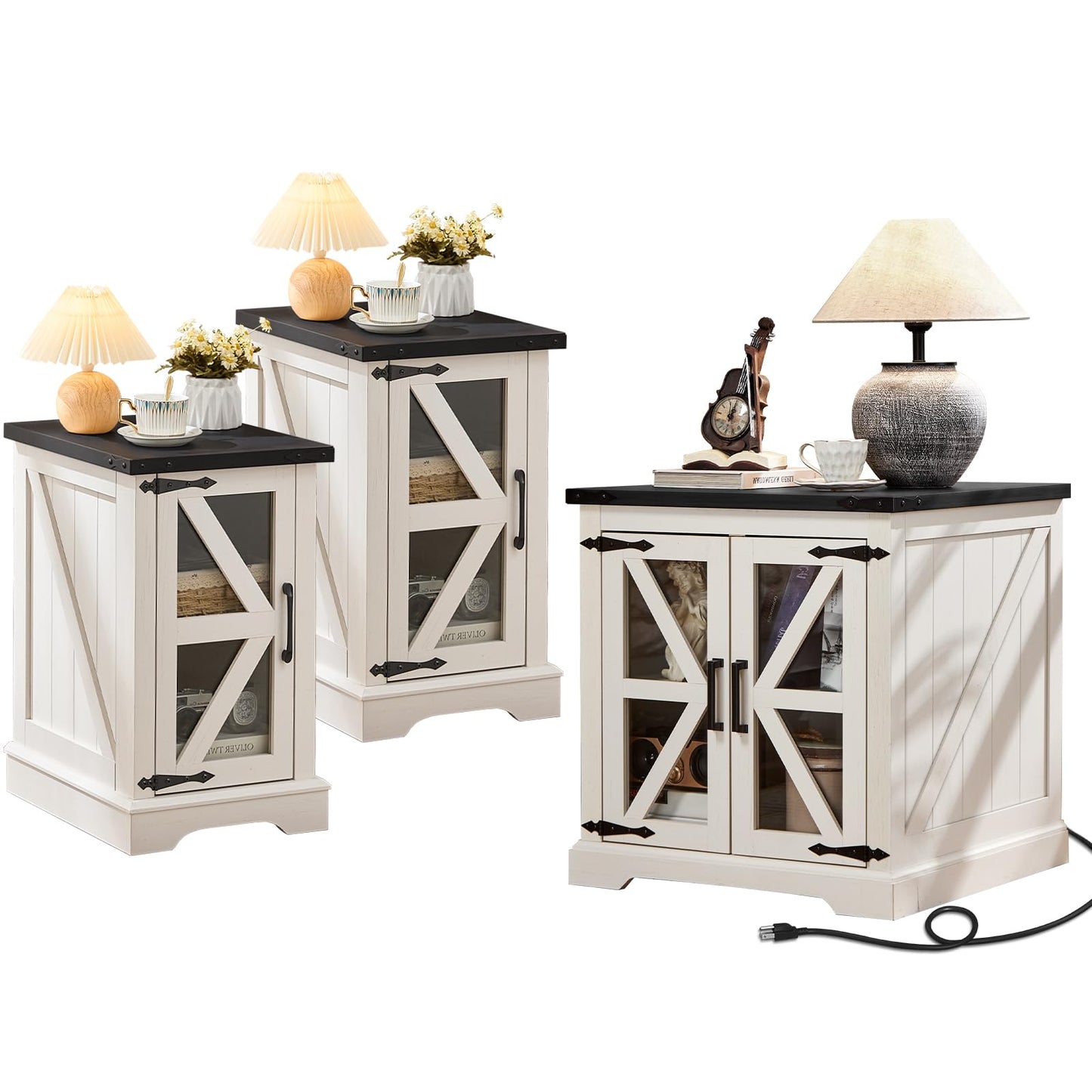 White end table set with cabinet doors and open shelves, bedside style tables for lamp and decor