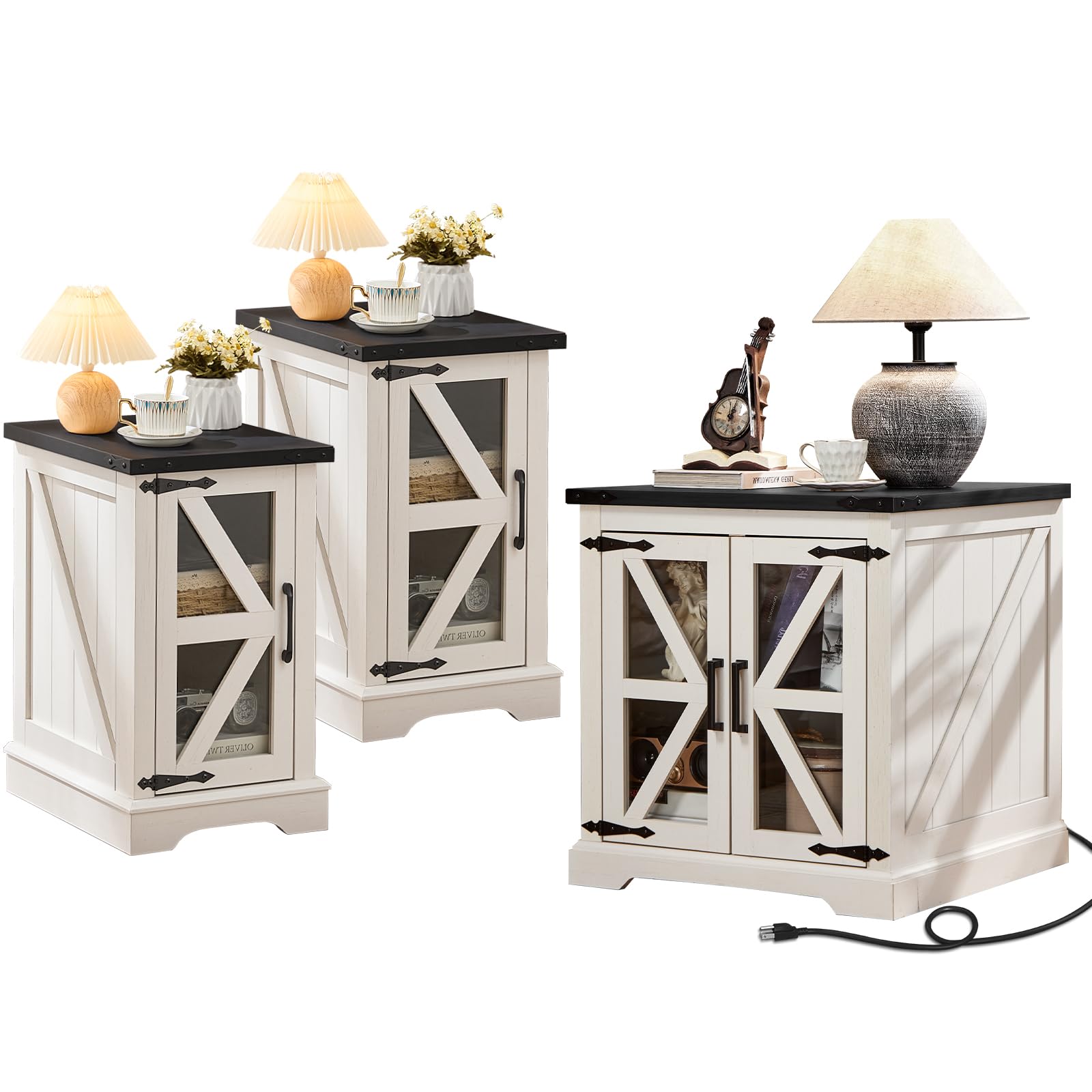 End Tables Living Room Set 2, 18'' Night Stand and 24" Square Side Table with Charger Station, Wood Furniture Sets, Nightstand Bedside End Table for Bedroom