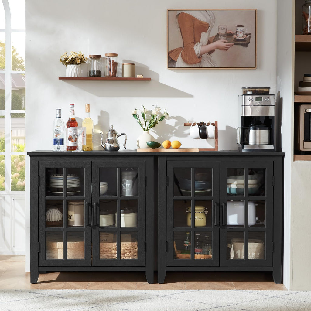 Black sideboard cabinet with four glass doors and interior display shelves