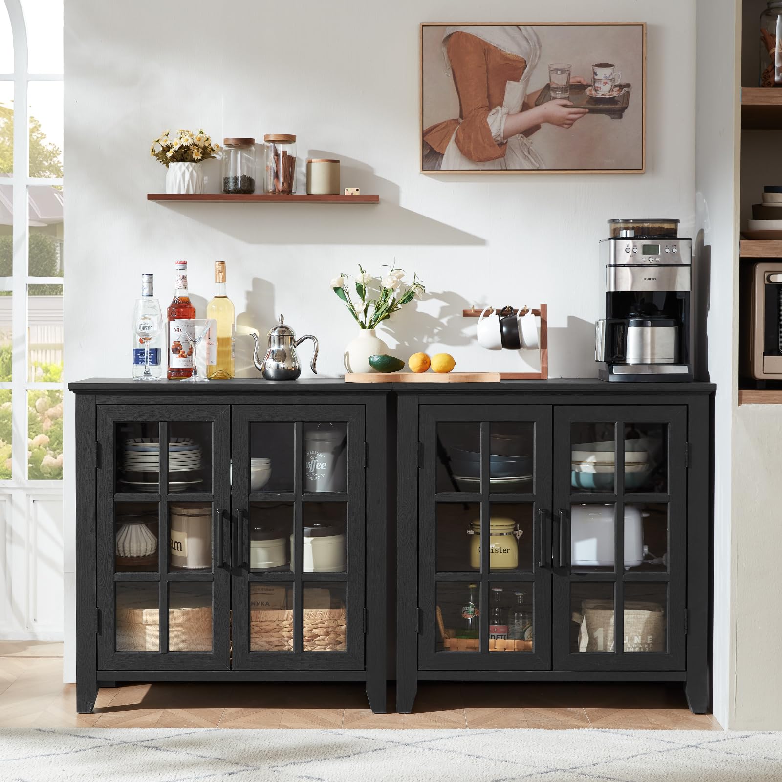Black sideboard cabinet with four glass doors and interior display shelves