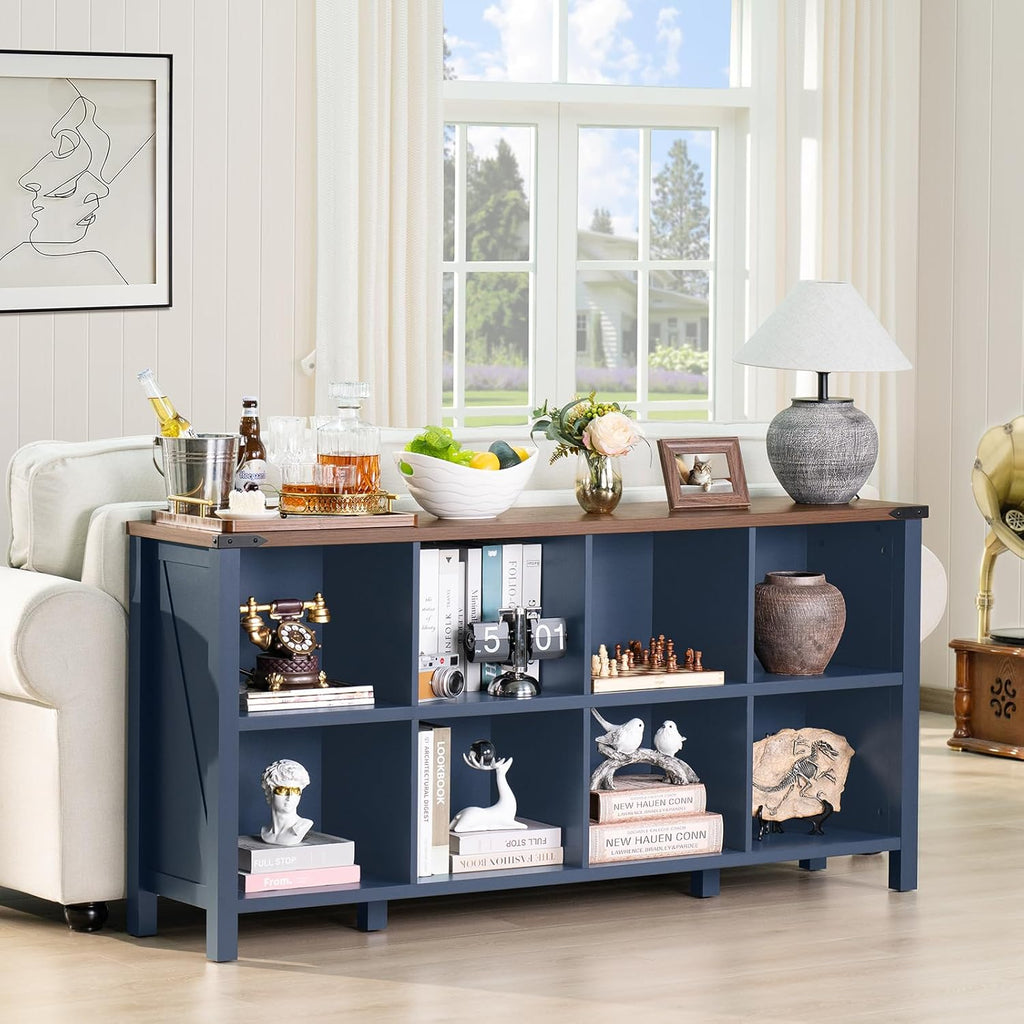 Navy blue 8-cube console bookcase with open shelves and wide tabletop