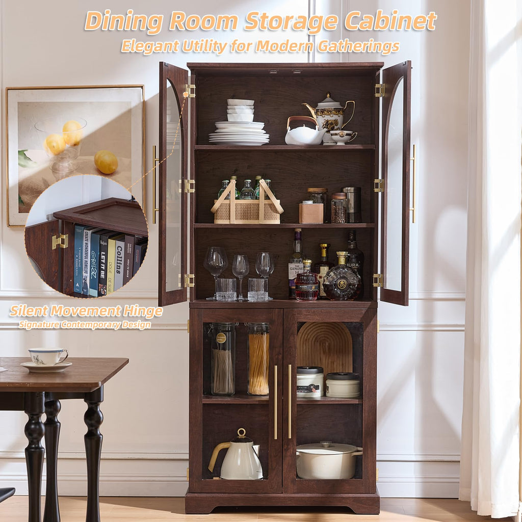 Tall display cabinet with 4 curved glass doors and adjustable shelves, dark walnut finish