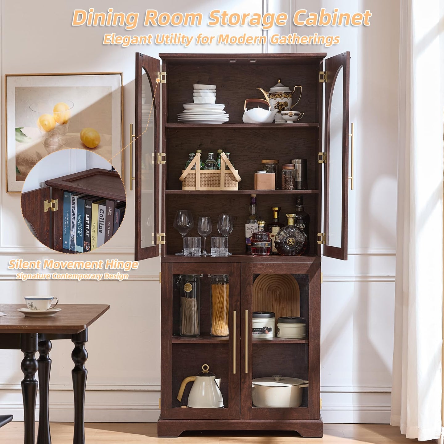 Tall display cabinet with 4 curved glass doors and adjustable shelves, dark walnut finish