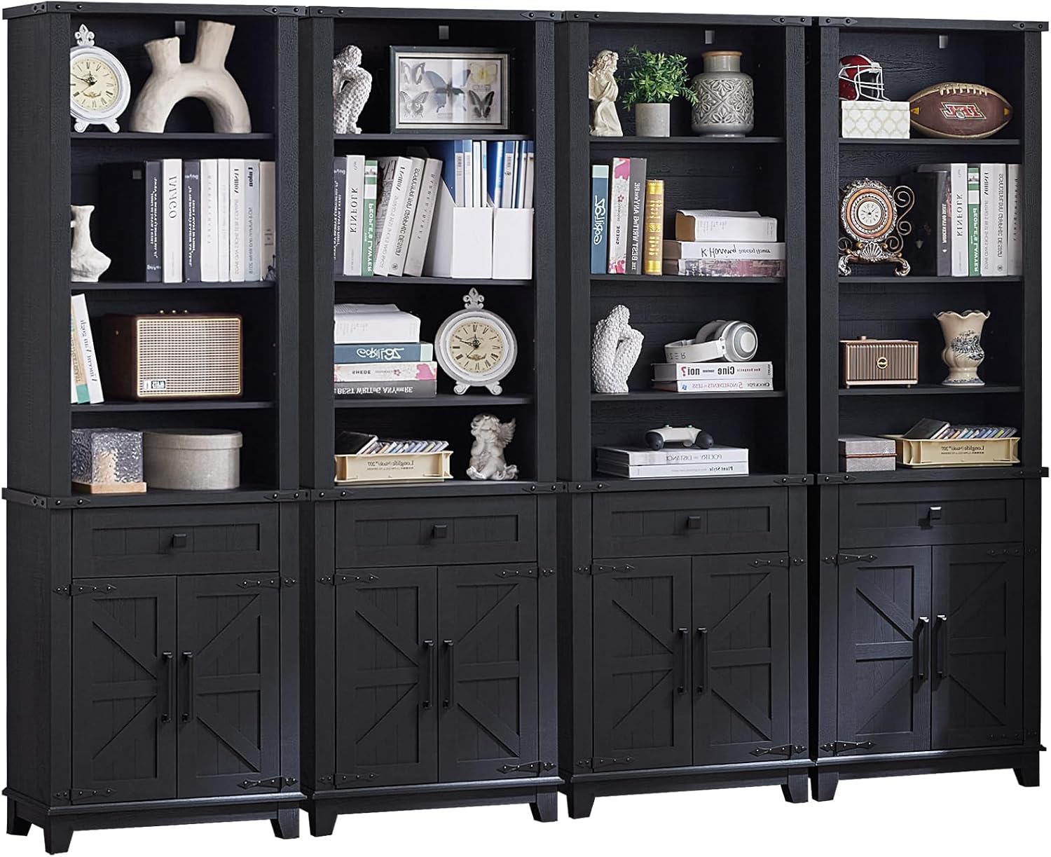 72in Tall Bookshelf 7 Tier Bookcase with Drawer and Barn Doors and Adjustable Shelves, Black Farmhouse Book Shelf with Storage Cabinet, Wood Freestanding Display Bookshelves for Living Room