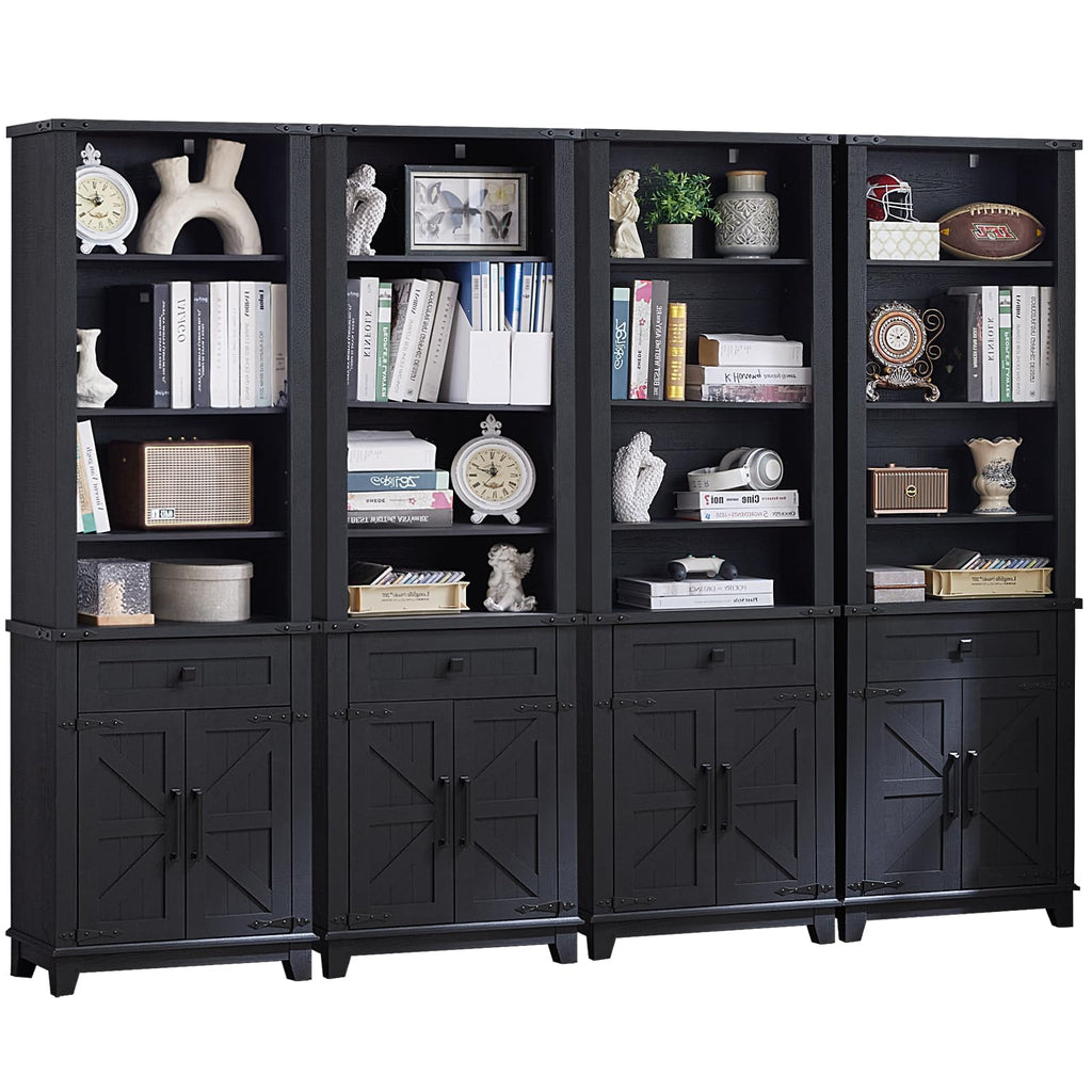 Black wood bookcase with barn doors, drawers, and display shelves for books