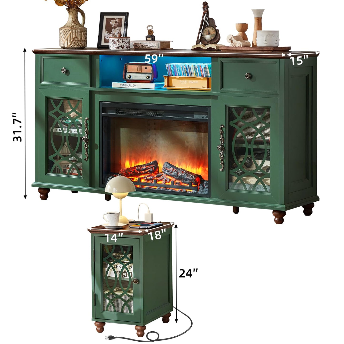 Joaxswe Farmhouse Fireplace TV Stand Sets 3,Side Table with Charger Station | 59" Fire Place TV Stands for Living Room, Entertainment Center Heater for TVs up to 65" with Open Shelves and Drawers, Blue