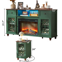 Joaxswe Farmhouse Fireplace TV Stand Sets 3,Side Table with Charger Station | 59" Fire Place TV Stands for Living Room, Entertainment Center Heater for TVs up to 65" with Open Shelves and Drawers, Blue