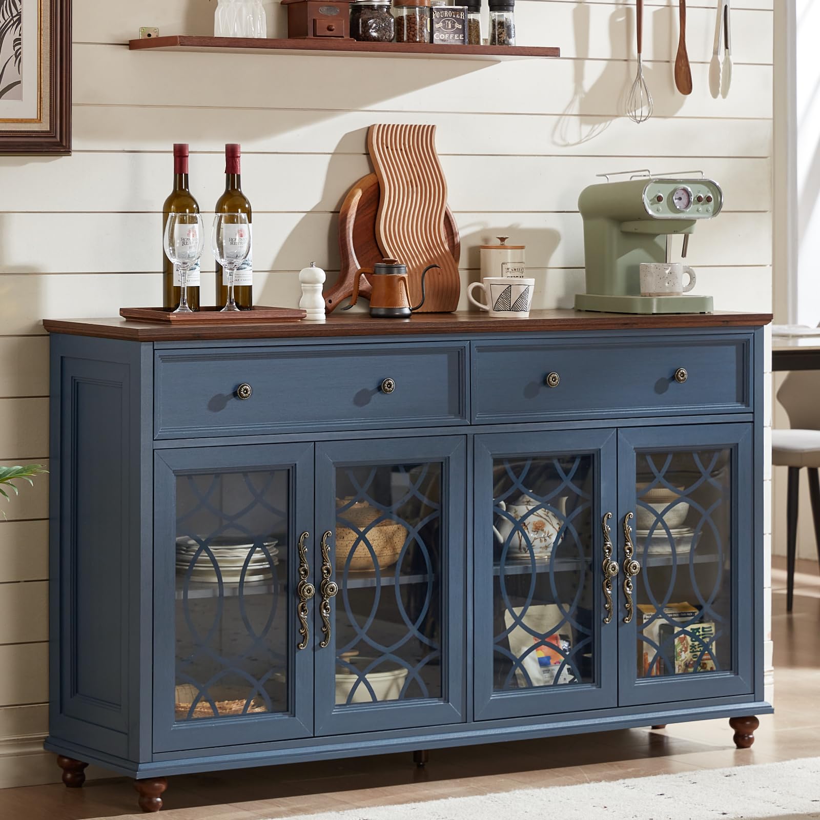 Blue sideboard buffet cabinet with four glass doors and two drawers