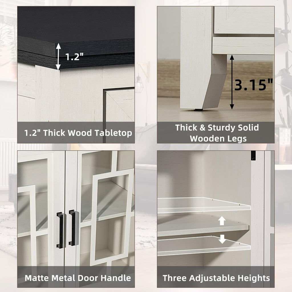 White sideboard cabinet with matte metal door handles and adjustable shelf heights