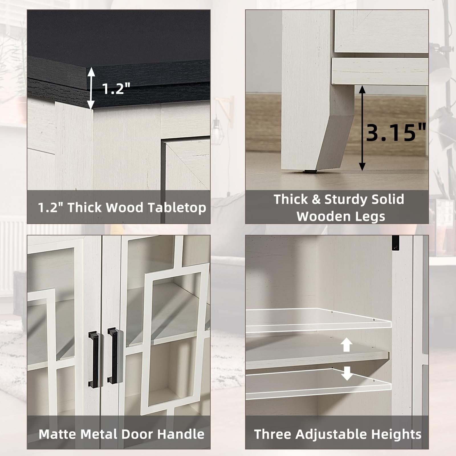 White sideboard cabinet with matte metal door handles and adjustable shelf heights