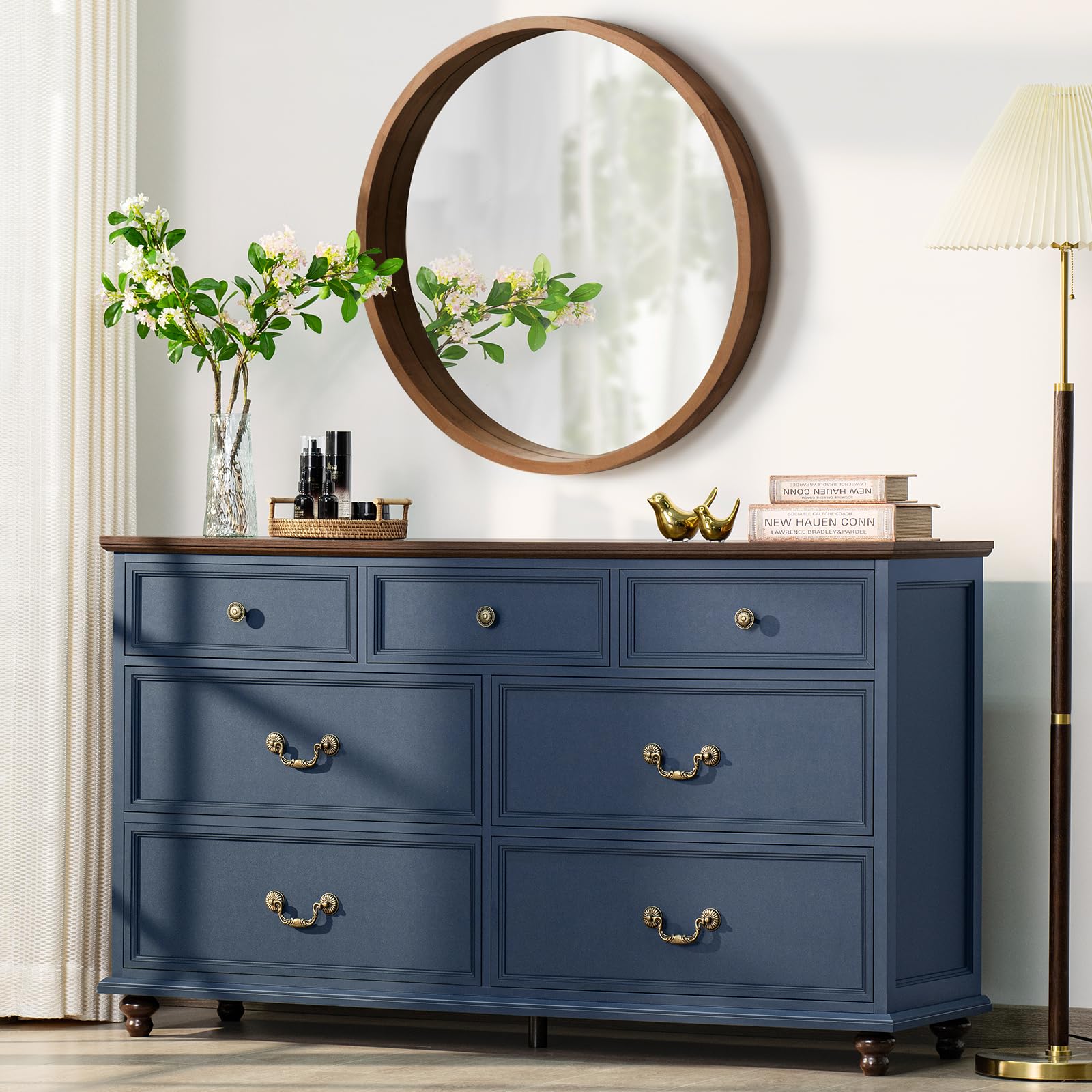 Farmhouse 54" 7 Drawers Dresser for Bedroom, Wide Chest of Drawers w/ 4 Wooden Legs, Vintage Rustic Large Closet Storage Dressers Organizer for Hallway, Wood TV Stand for Living Room, Blue