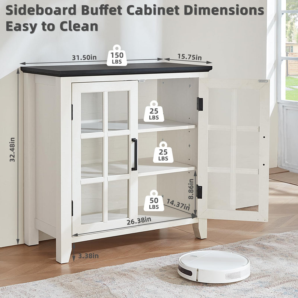 White sideboard cabinet with open shelving and glass-door storage compartments
