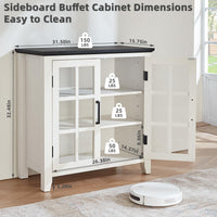 White sideboard buffet cabinet with open glass doors and interior storage shelves