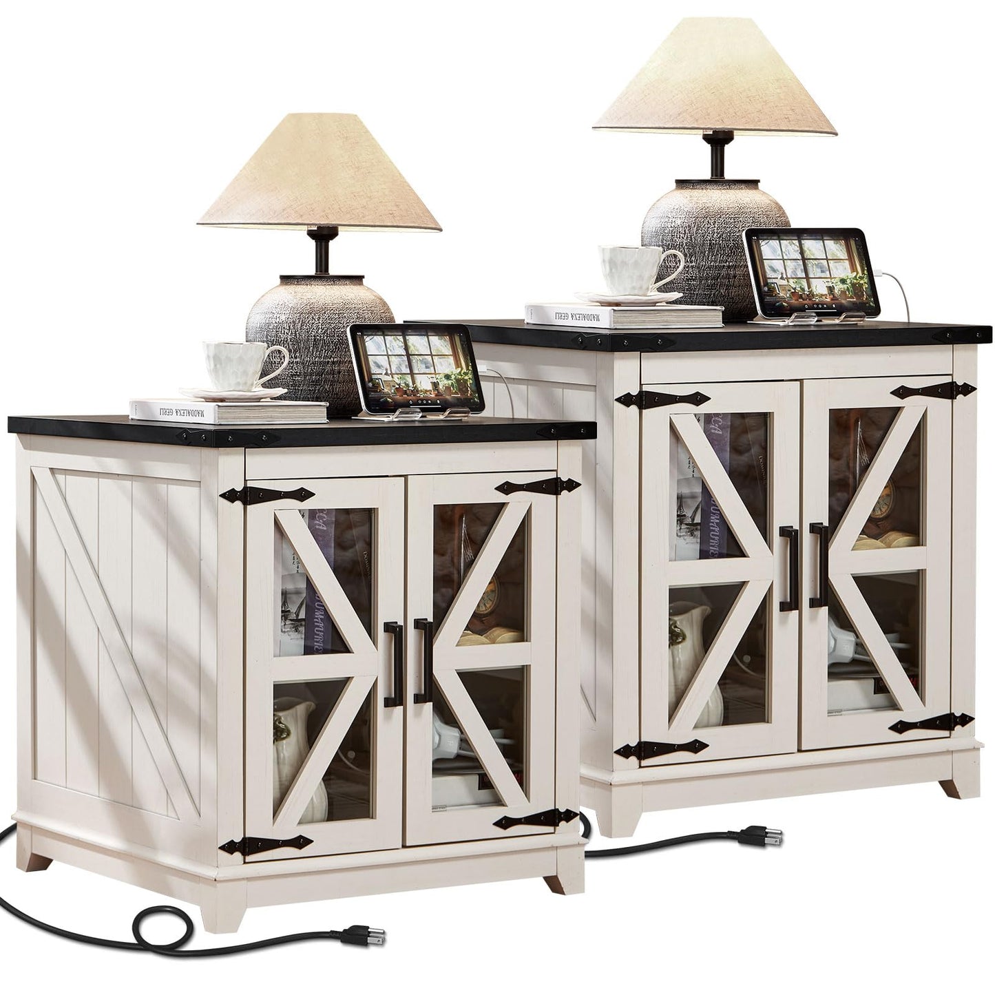 Farmhouse end table with black top, white frame, and glass barn doors with X accents
