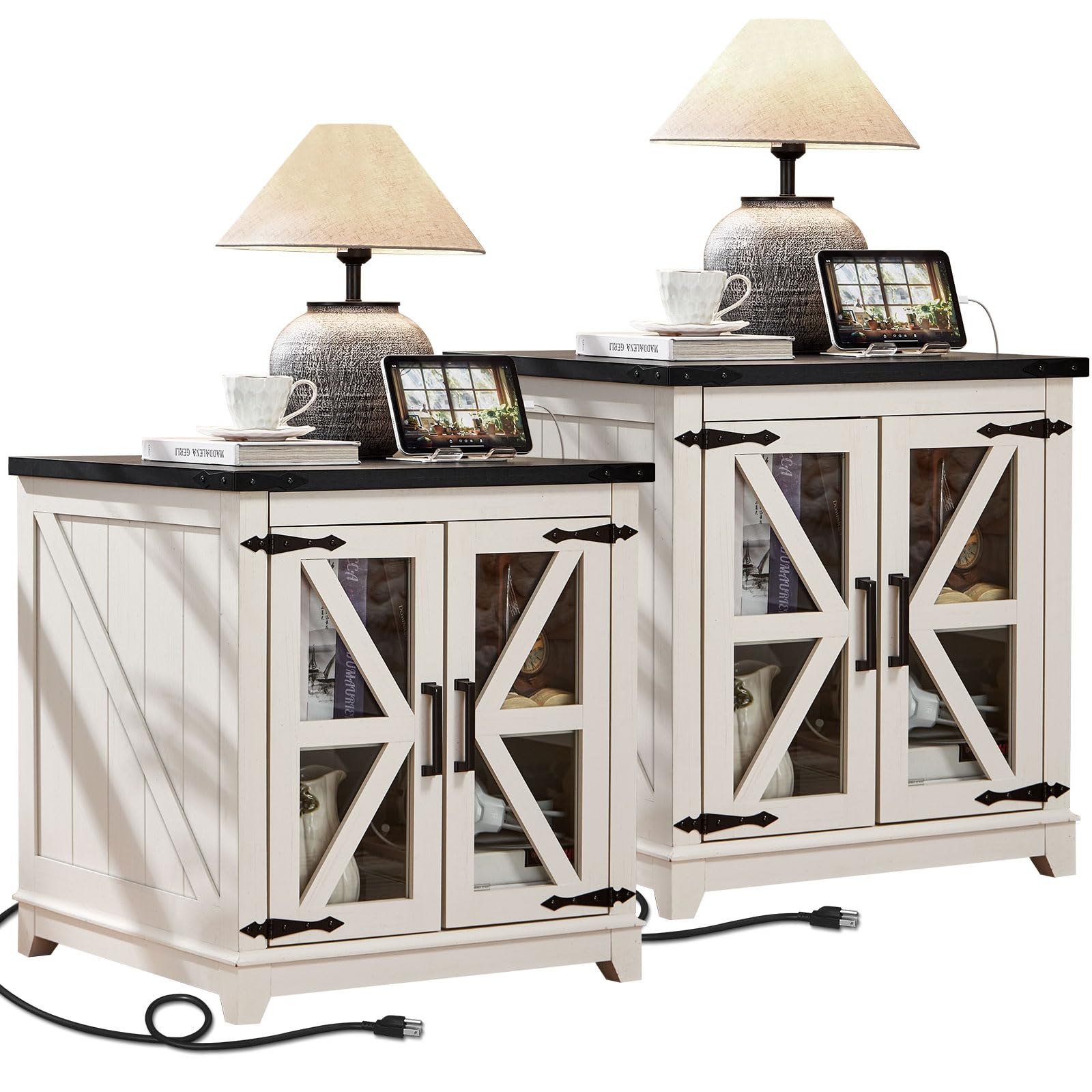 Farmhouse end table with black top, white frame, and glass barn doors with X accents