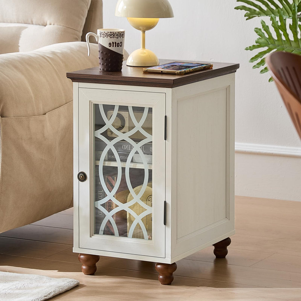 White wood nightstand cabinet with glass door, small top surface, dark shelf inside