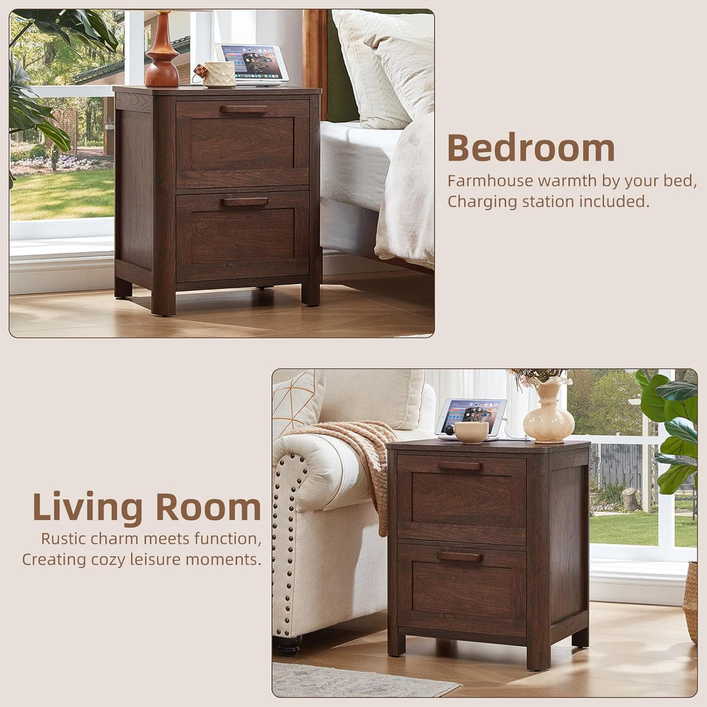 Walnut two-drawer nightstand shown in bedroom and living room views