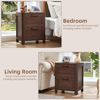 Walnut two-drawer nightstand shown in bedroom and living room views