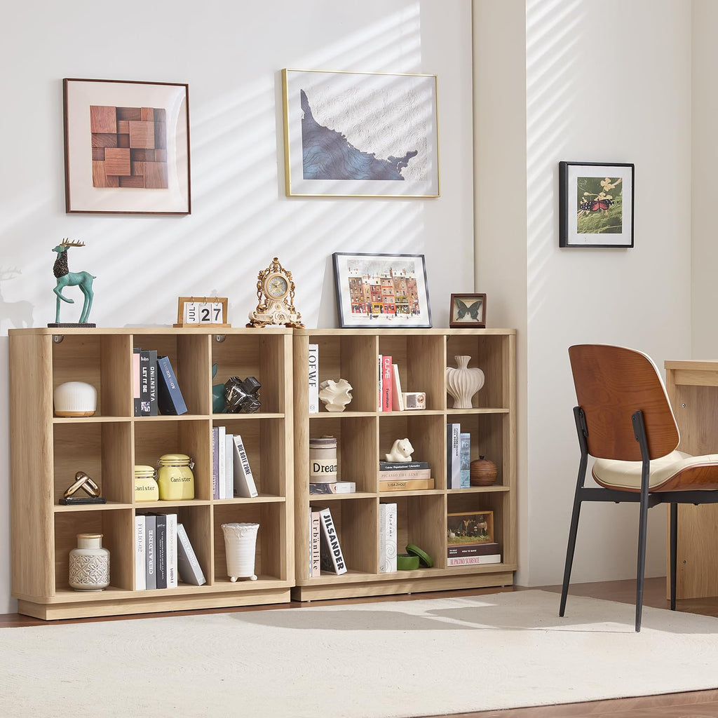Light oak cube storage book shelf with open cubbies and a flat top for decor