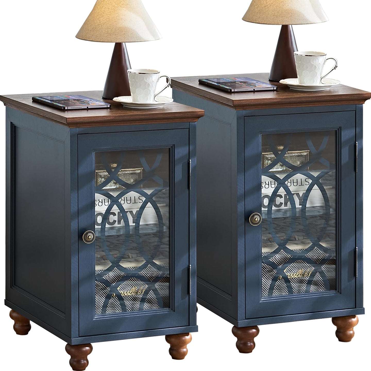 Blue bedside end table set with glass cabinet doors and charging cords along bottom