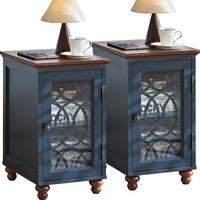 Blue bedside end table set with glass cabinet doors and charging cords along bottom