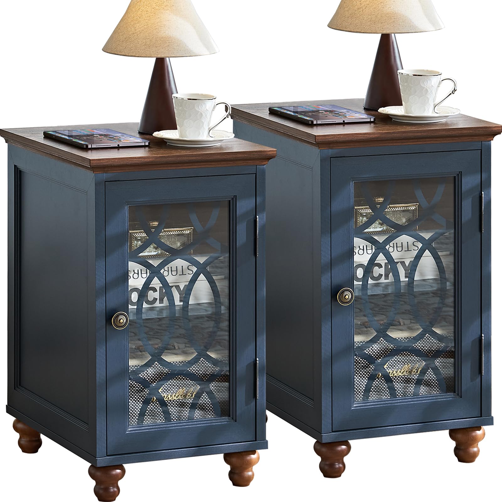 Blue bedside end table set with glass cabinet doors and charging cords along bottom