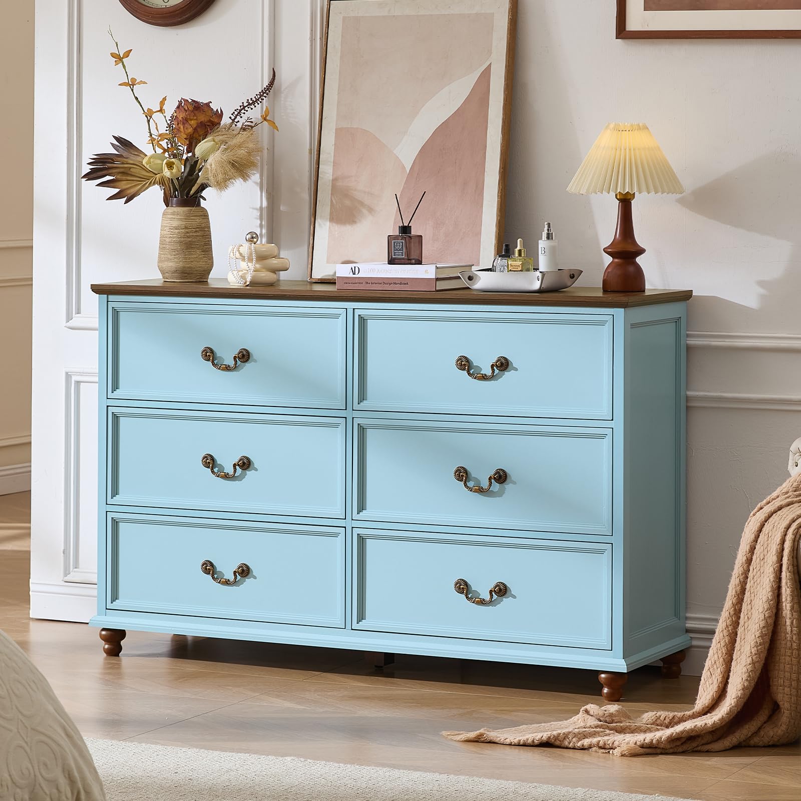Farmhouse nightstand set of 2, light blue wood dresser with 3 drawers and metal pulls