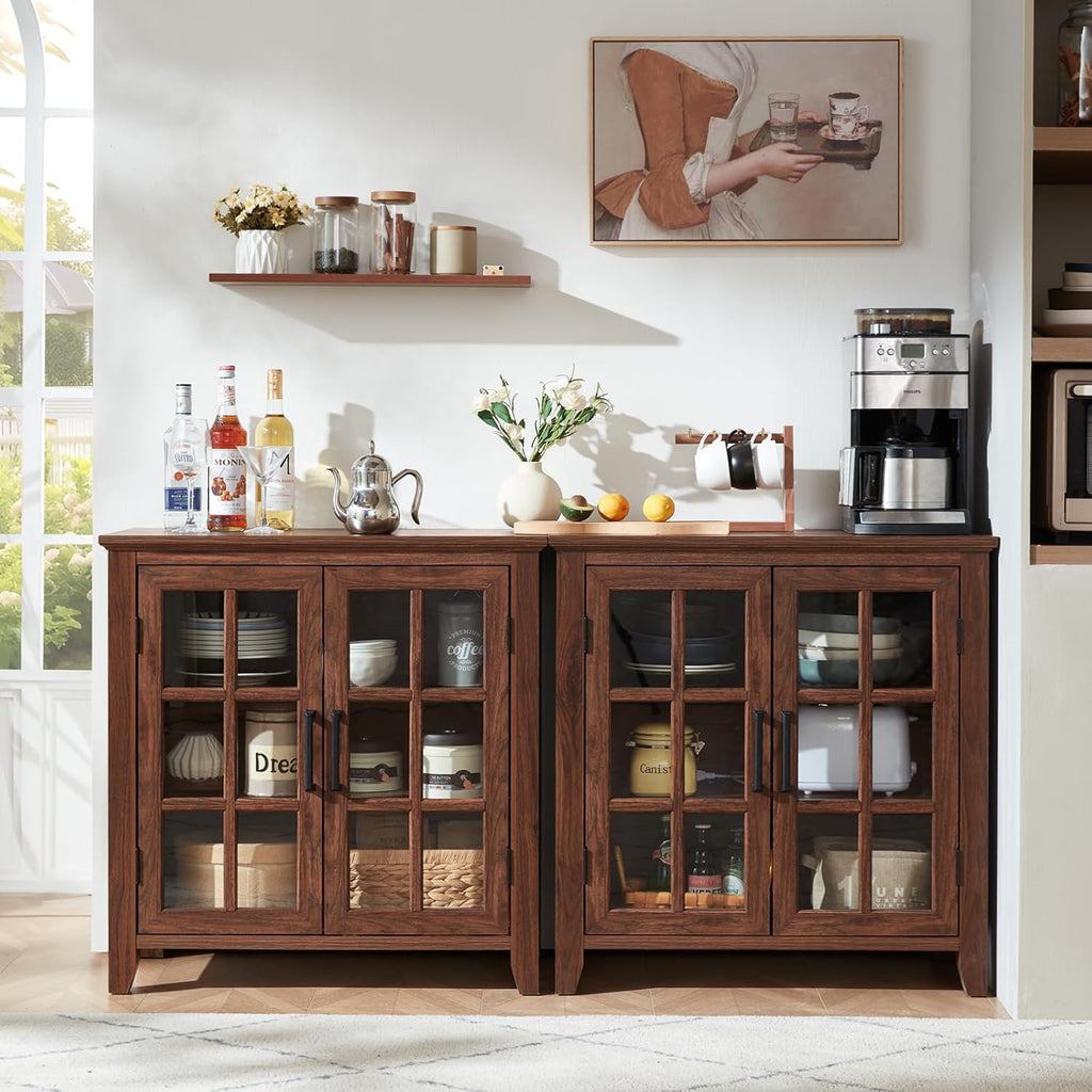 Brown sideboard buffet cabinet with four glass-pane doors and interior storage
