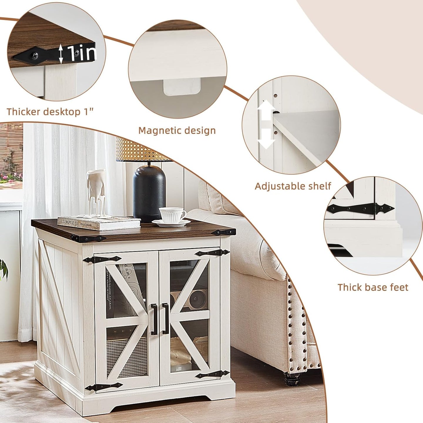 White nightstand with black top, adjustable shelf, and thick base feet (detail view).