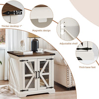 White nightstand with black top, adjustable shelf, and thick base feet (detail view).
