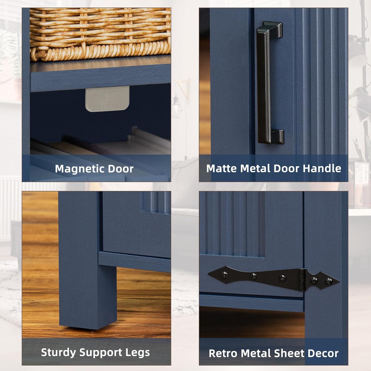 Blue nightstand door details with magnetic latch, metal handle, sturdy support legs