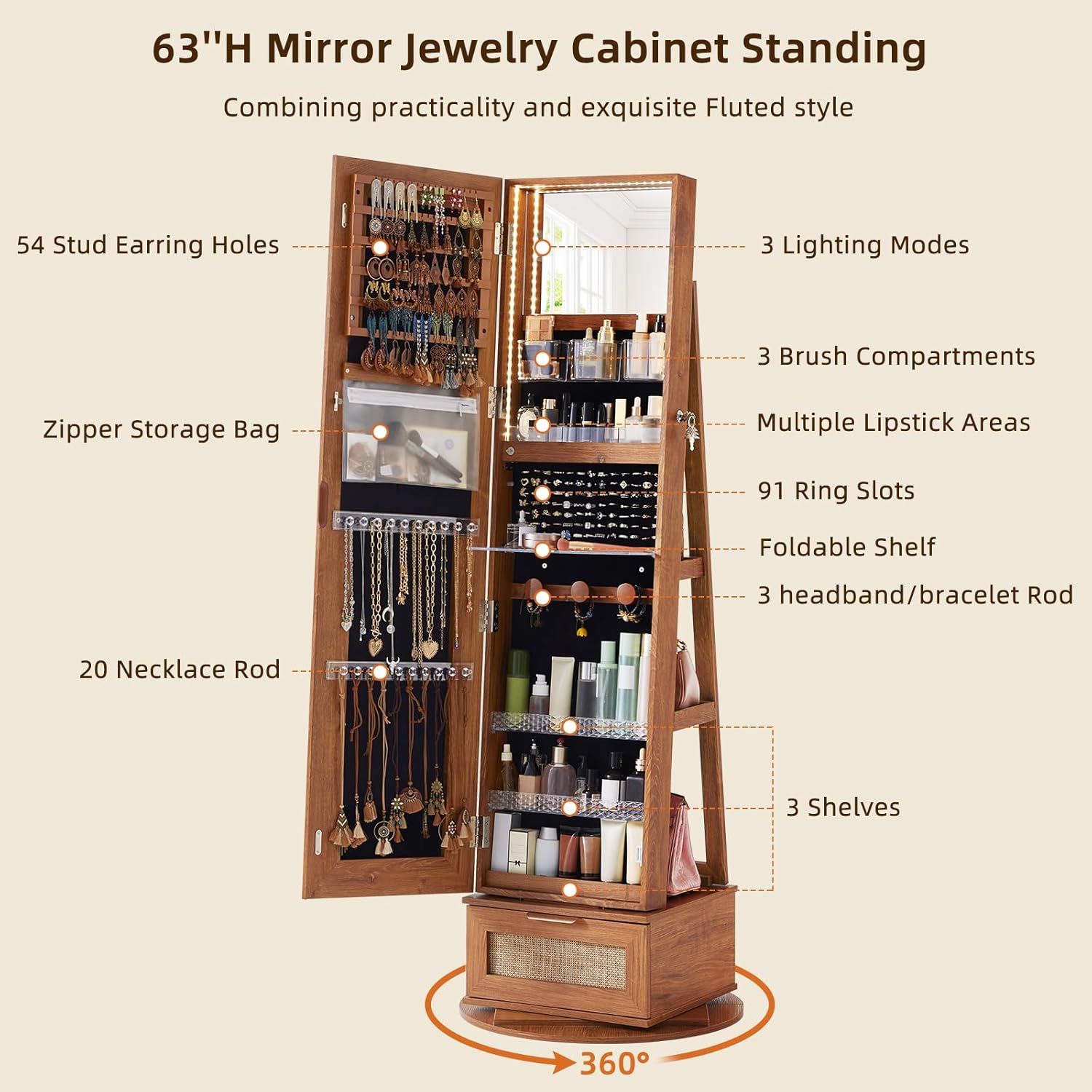 Boho 360° Swivel Jewelry Armoire Cabinet with Full Length Mirror, Standing Lockable Jewelry Organizers and Drawer with 3 Color LED Lights & Interior Mirror Rear Storage Shelves for Bedroom Living Room