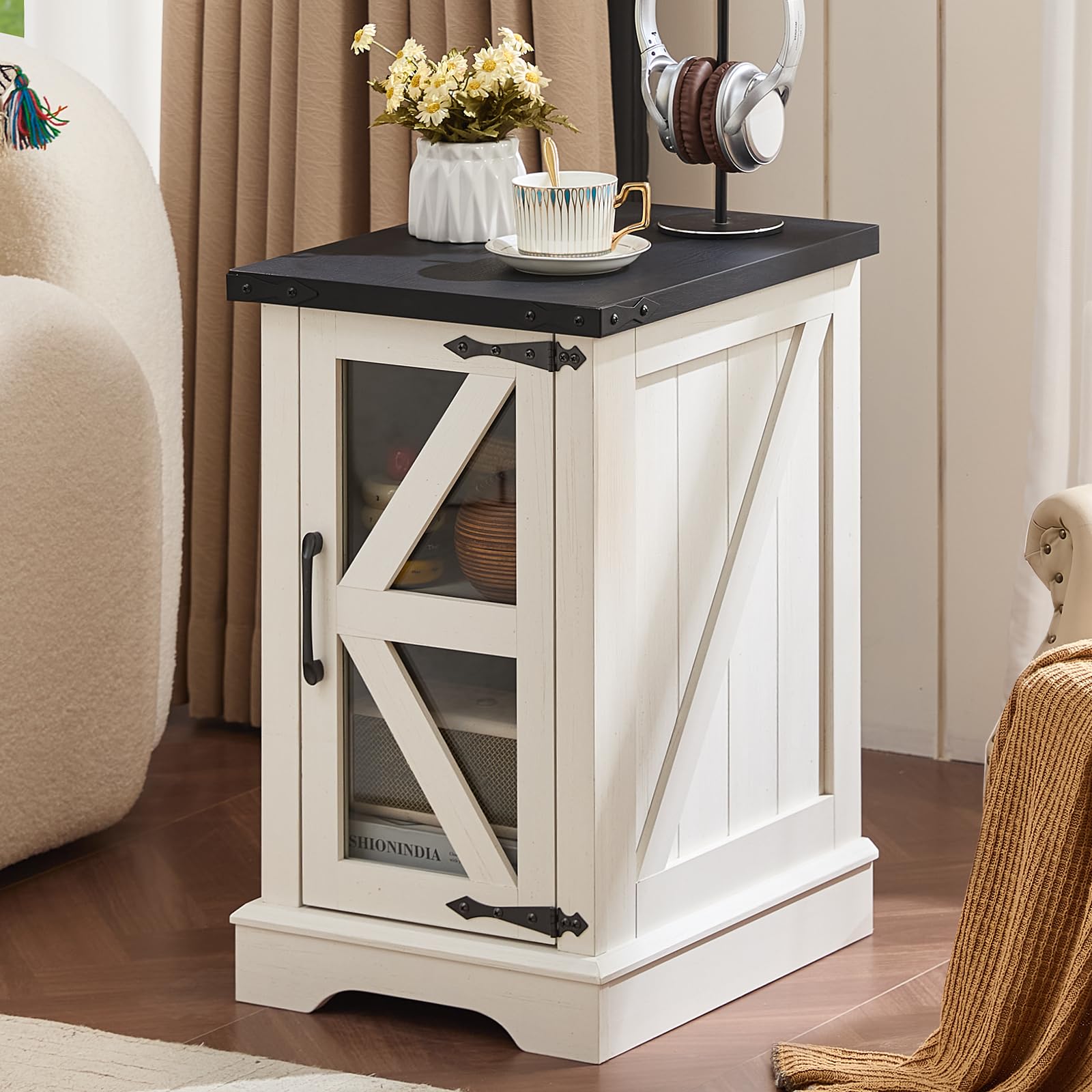 White farmhouse side table with open shelf and barn-door cabinet storage