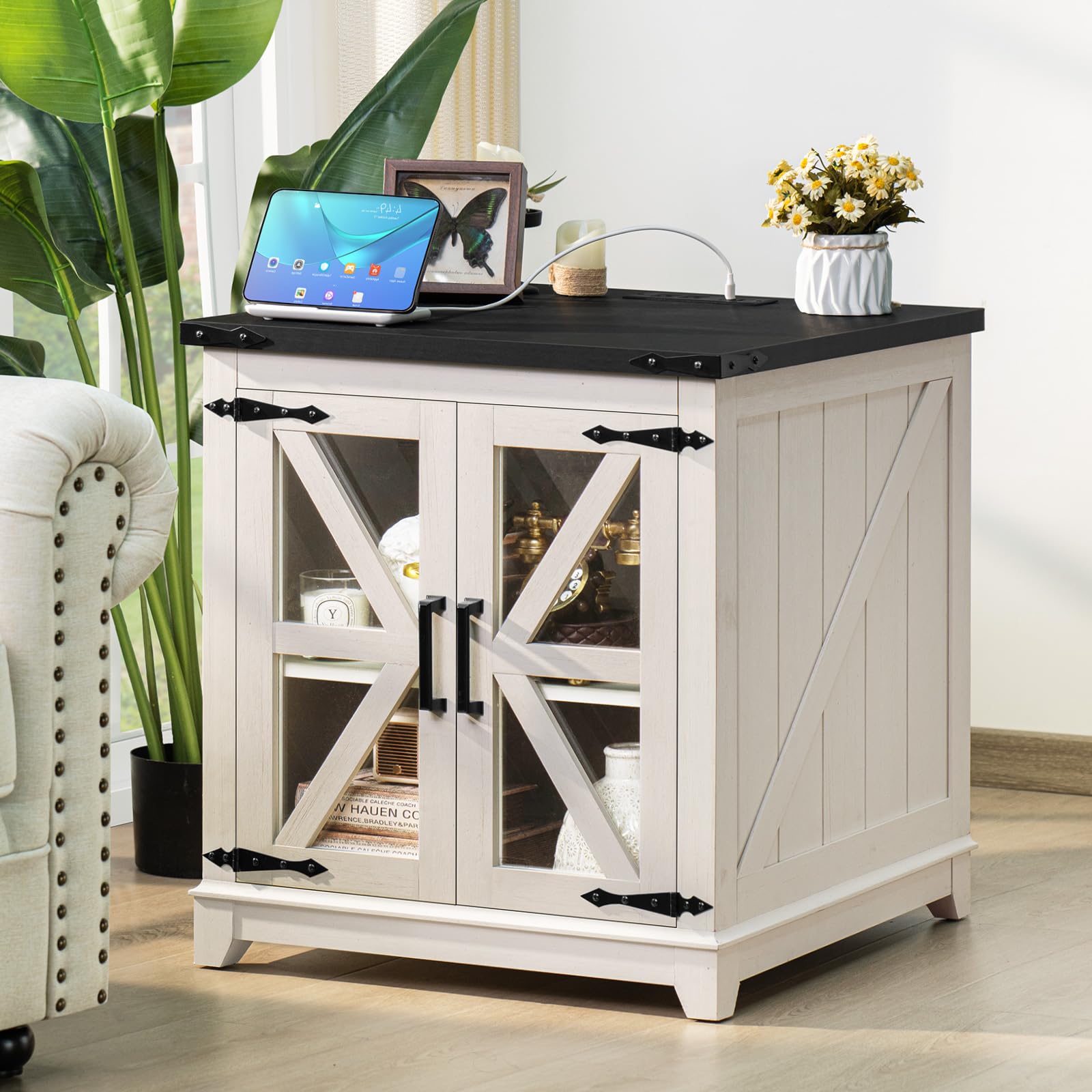 White farmhouse end table with X-brace doors, glass panels, and black top