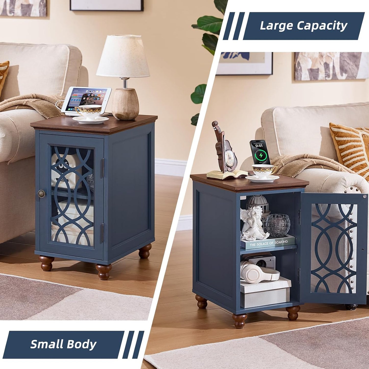 Narrow Side Table with Charging Station, Night Stand with Glass Door, Bedside End Tables with Adjustable Shelf Storage Cabinet,Wood Nightstand for Small Spaces Living Room Bedroom