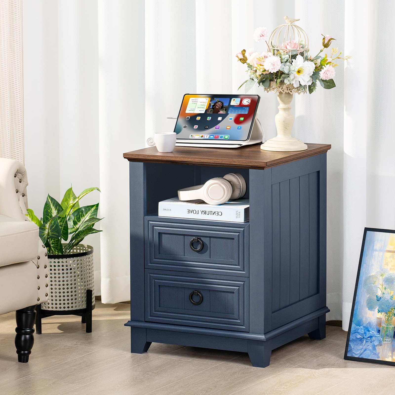 Blue 3-drawer nightstand with metal ring pulls and wood tabletop for bedside use