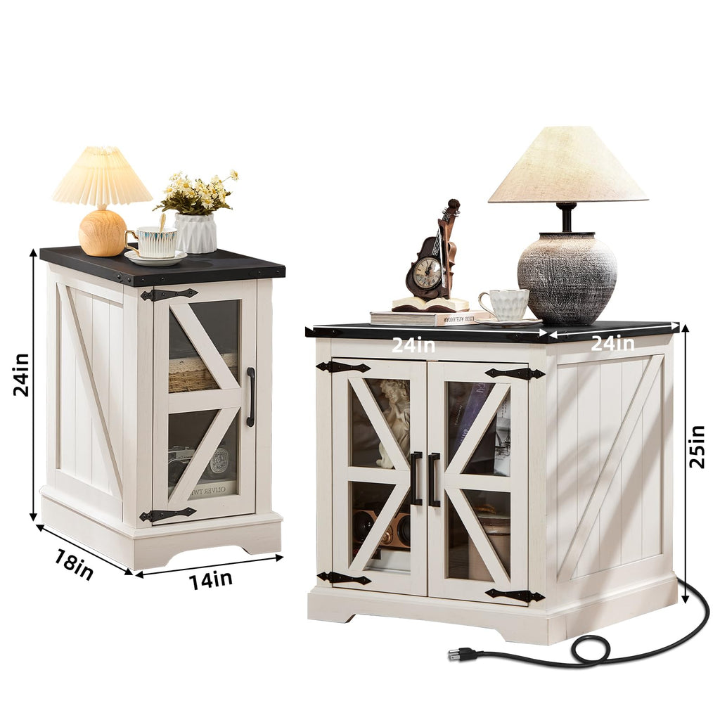 Two-piece white end table set with black tops, open cabinet shelves, cord outlet