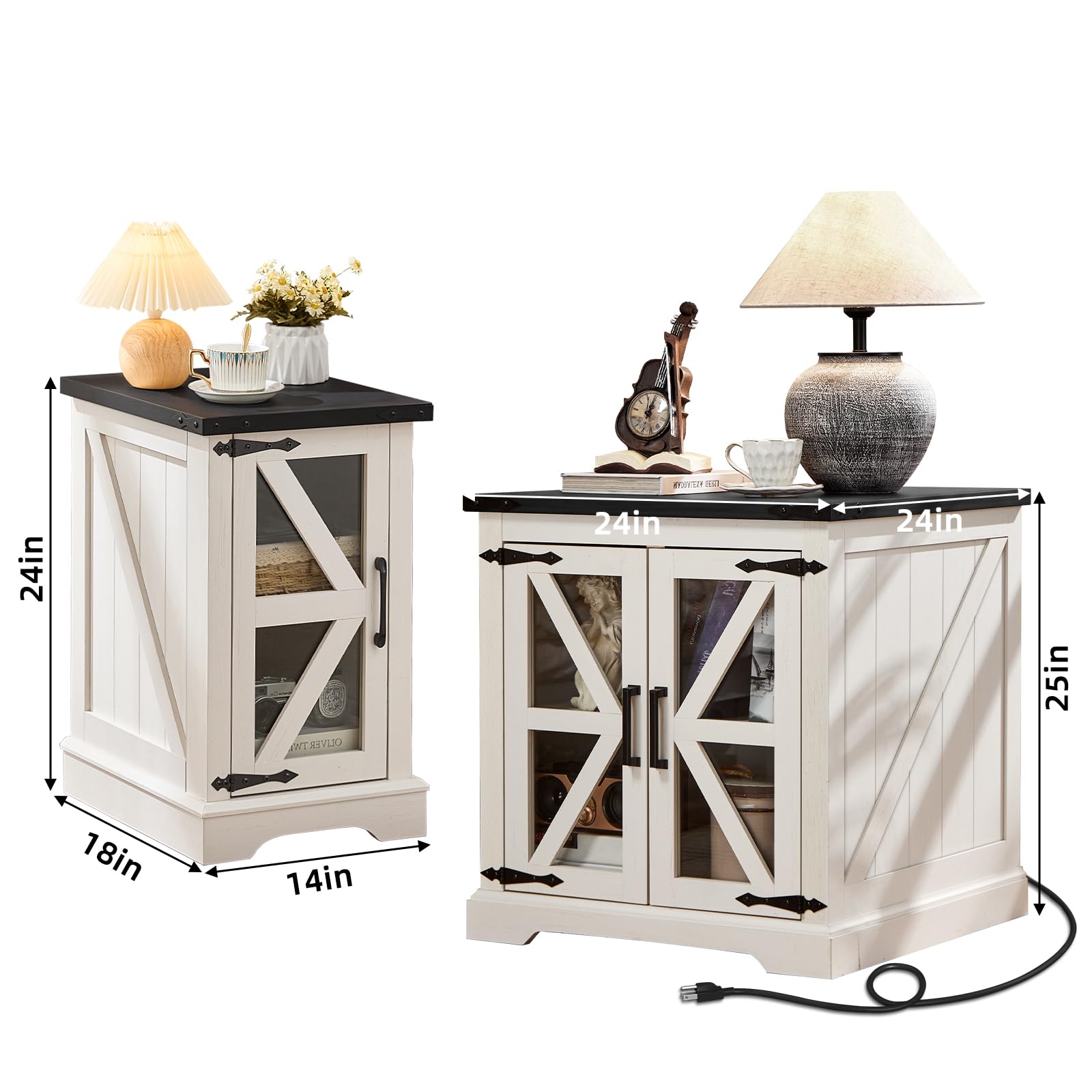 Two-piece white end table set with black tops, open cabinet shelves, cord outlet