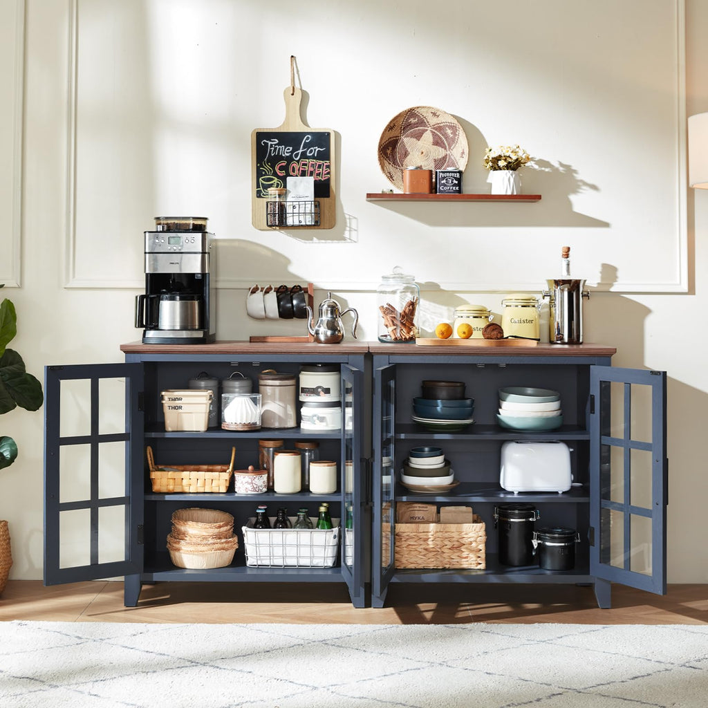 Blue sideboard buffet cabinet with glass-door storage and open lower shelves