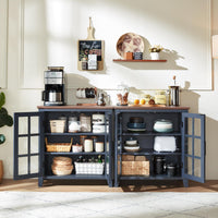 Blue sideboard cabinet with open shelves and glass door compartments