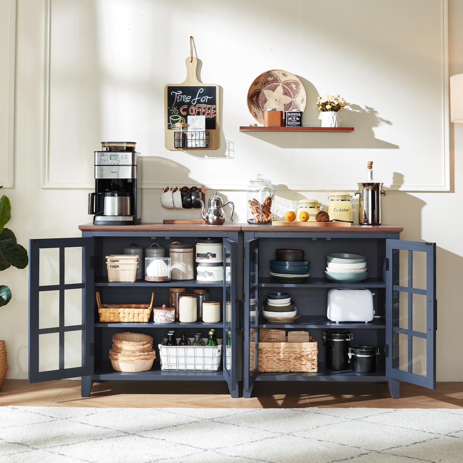 Blue sideboard buffet cabinet with glass-door storage and open lower shelves