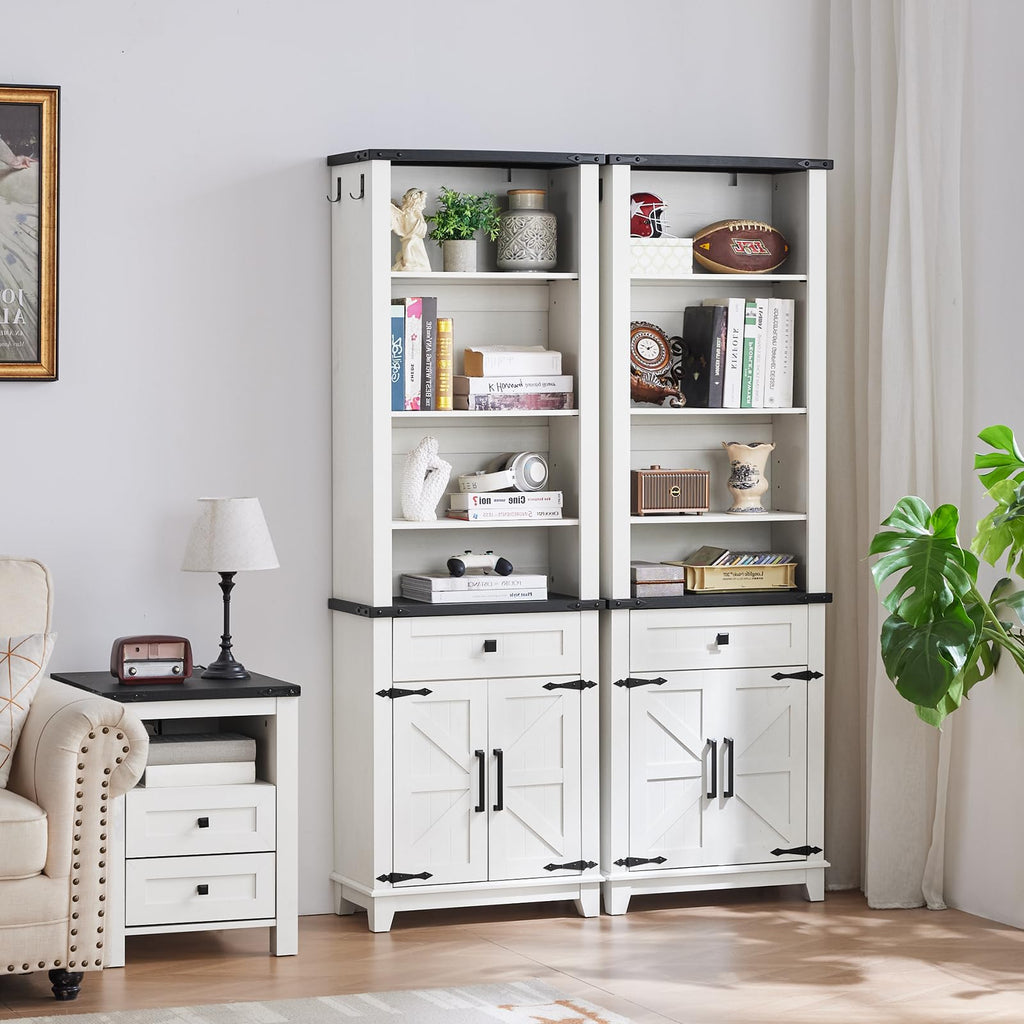 White tall bookcase with open display shelves, cabinet doors, and two drawers