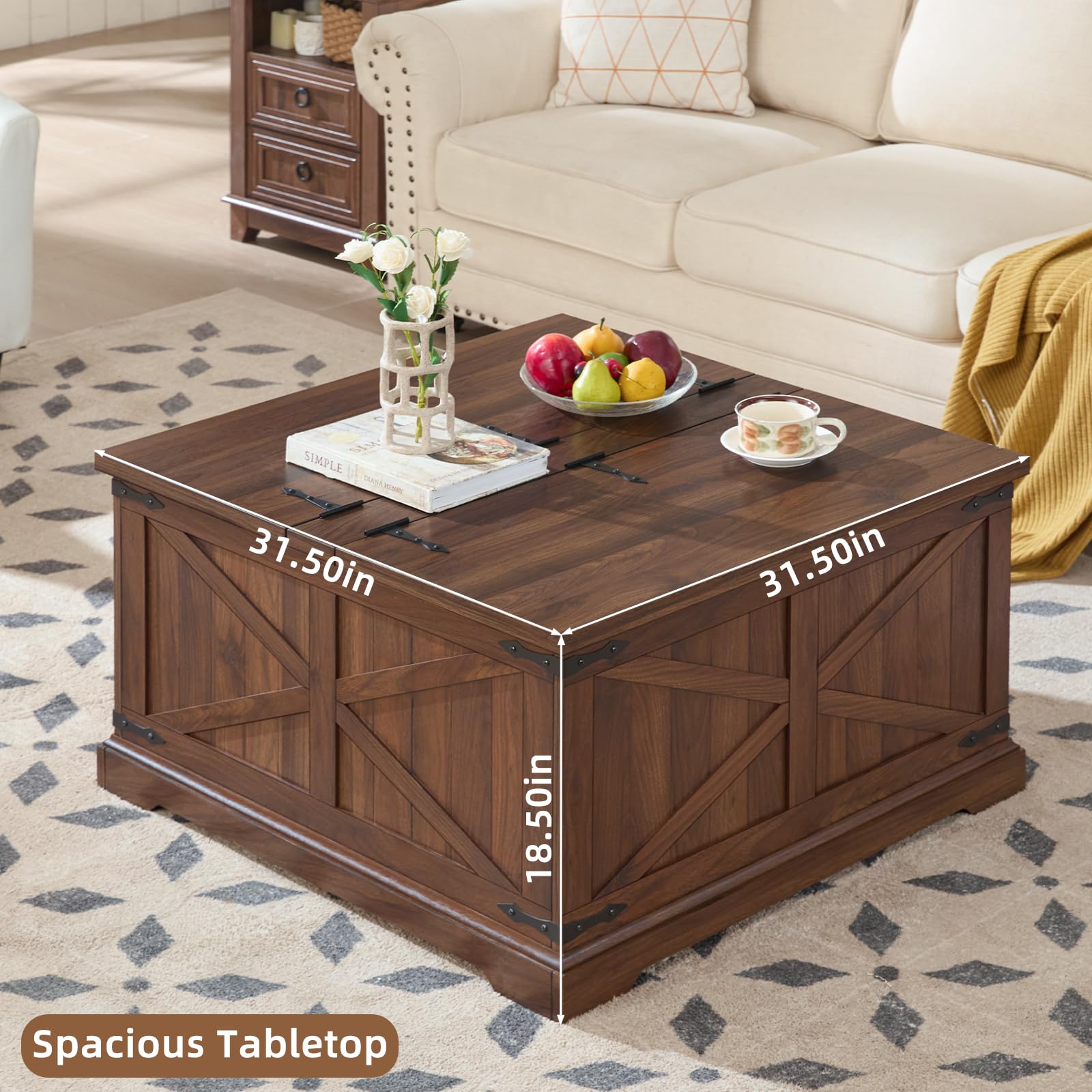 Square lift-top coffee table with hidden storage, brown wood cabinet and hinged lid