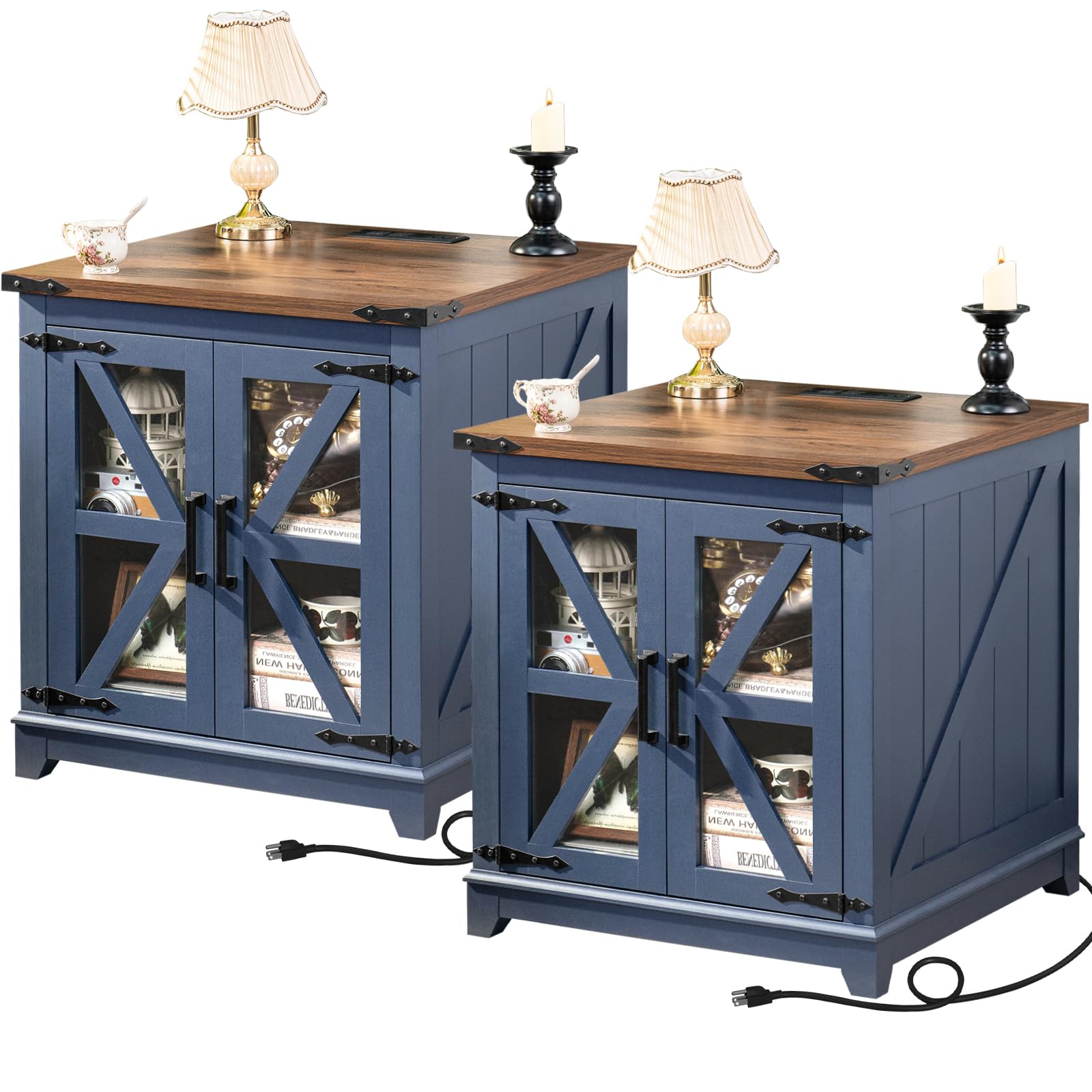 Pair of blue farmhouse end tables with wood tops and glass barn doors with X accents